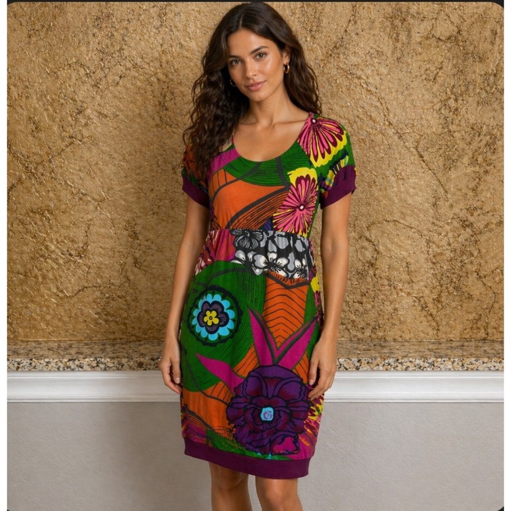 Desigual Floral Abstract T-Shirt Dress Small Multicolor Short Sleeve Cotton